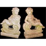 A PAIR OF WEATHERED RECONSTITUTED STONE CHERUBS Seated on C' scroll bases. (each h 68cm x w 45cm)