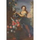 A LARGE OIL ON CANVAS OF A CLASSICAL MAIDEN With flowers in a landscape, gilt framed with foliate