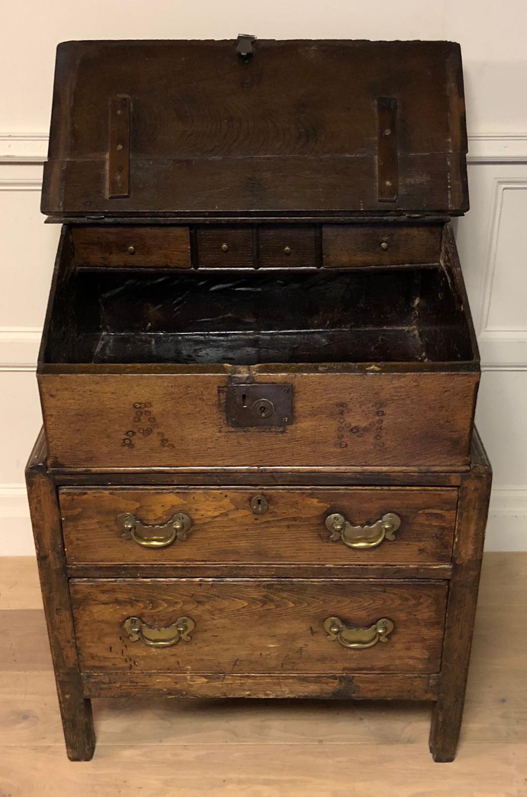 AN 18TH CENTURY LATER OAK BIBLE BOX ON PINE CHEST Of two drawers, the rising hinged lid opening to - Image 2 of 2