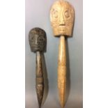 TWO WEST AFRICAN CARVED WOODEN TRIBAL ART FERTILITY STICKS Having a triangular form head with