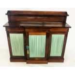 A REGENCY PERIOD ROSEWOOD BREAKFRONT CHIFFONIER With galleried back and silk doors. (120cm x 36cm