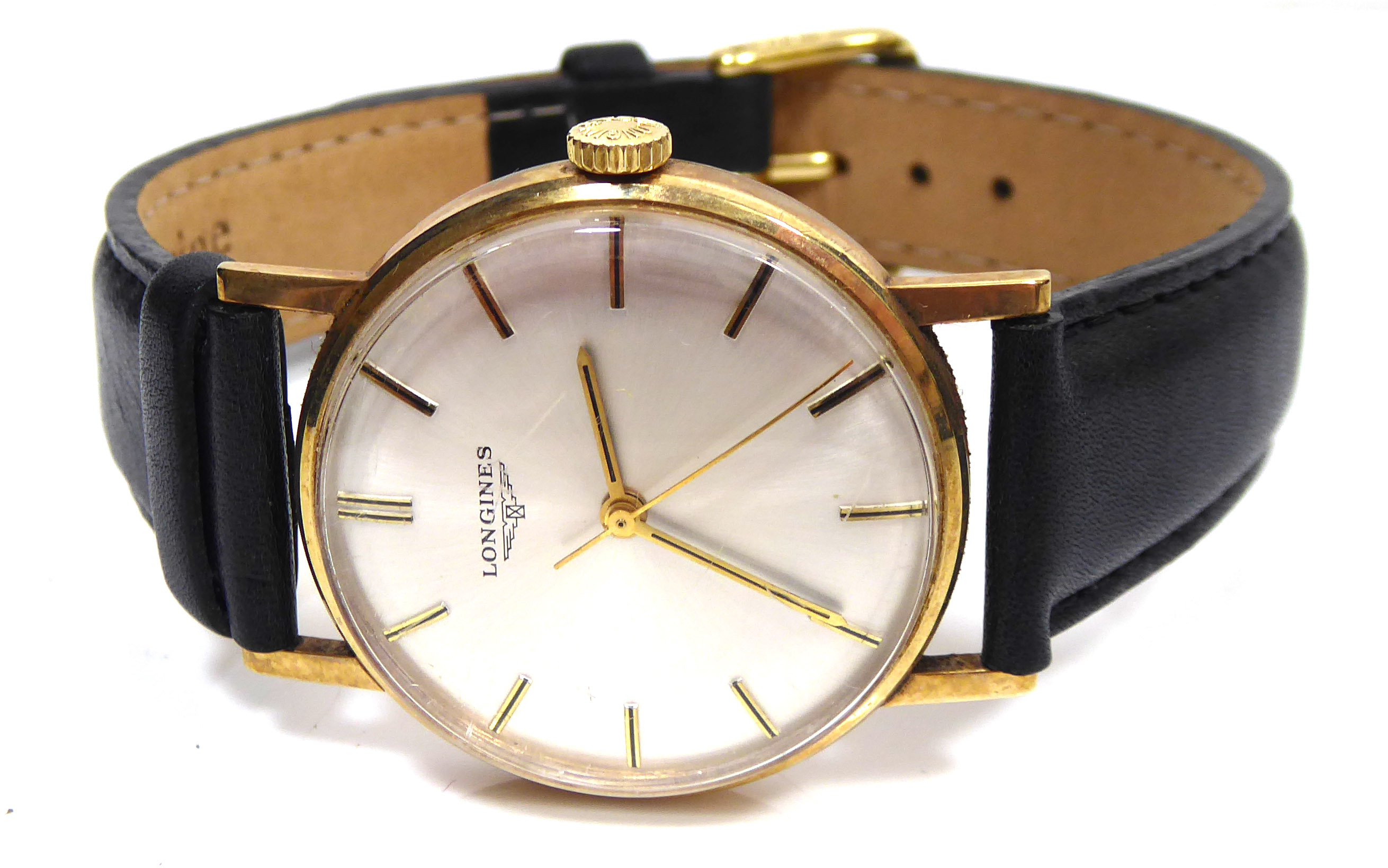 LONGINES, A VINTAGE YELLOW METAL GENT'S WRISTWATCH Silver tone dial with gilt number markings and - Image 6 of 6