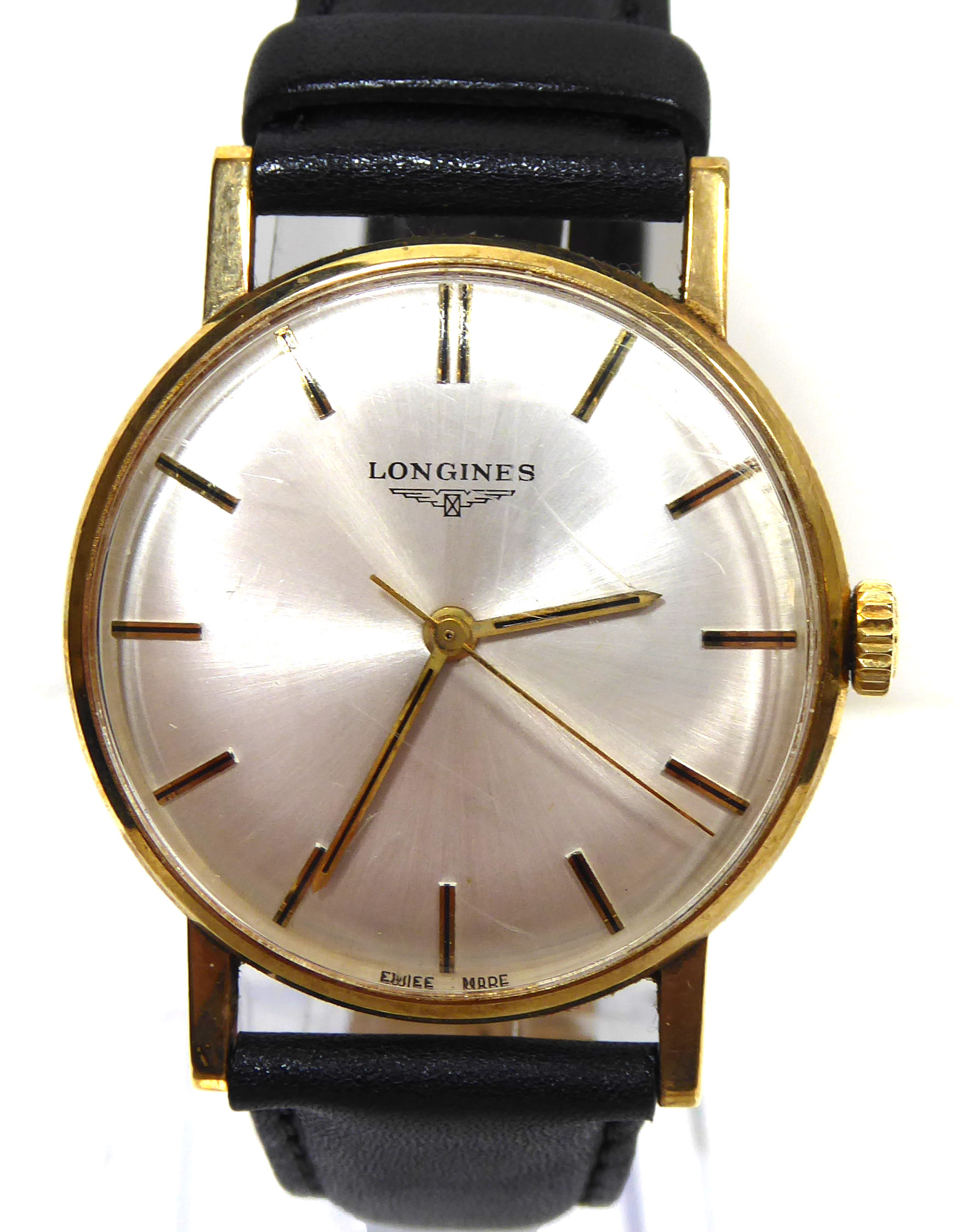 LONGINES, A VINTAGE YELLOW METAL GENT'S WRISTWATCH Silver tone dial with gilt number markings and - Image 4 of 6