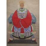 A STRIKING 19TH CENTURY CHINESE ANCESTOR PAINTING ON PAPER Lady in a red sleeve robe, framed and