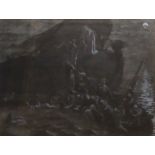 SIR FRANK BRANGWYN, BRITISH, 1867 - 1956, WATERCOLOUR Seascape, figures fleeing a sinking vessel