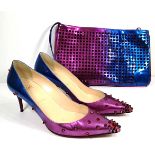 LOUBOUTIN, A PAIR OF PINK AND BLUE PATENT LEATHER METAL SPIKED COURT SHOES (size 39), complete