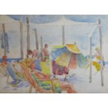 J. SINGER, A 20TH CENTURY PENCIL AND WATERCOLOUR Beach scene, with figures lounging in the sun,