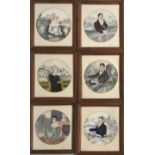 A COLLECTION OF SIX CIRCULAR WATERCOLOURS Portraits of 18th/19th Century figures, framed and glazed.