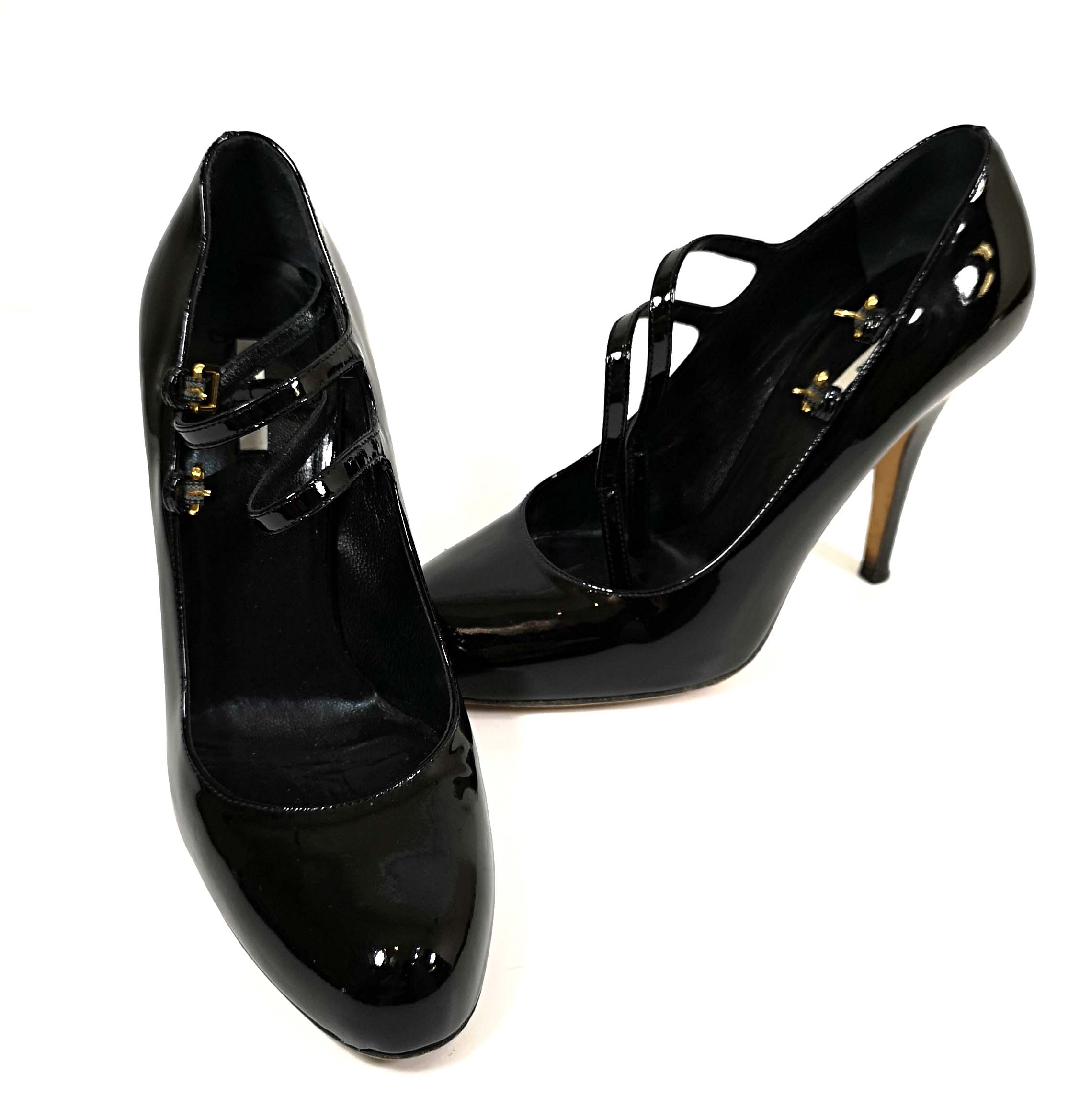 MIU MIU, A PAIR OF BLACK PATENT LEATHER DOUBLE STRAP MARY JANE HEELS (size 35).