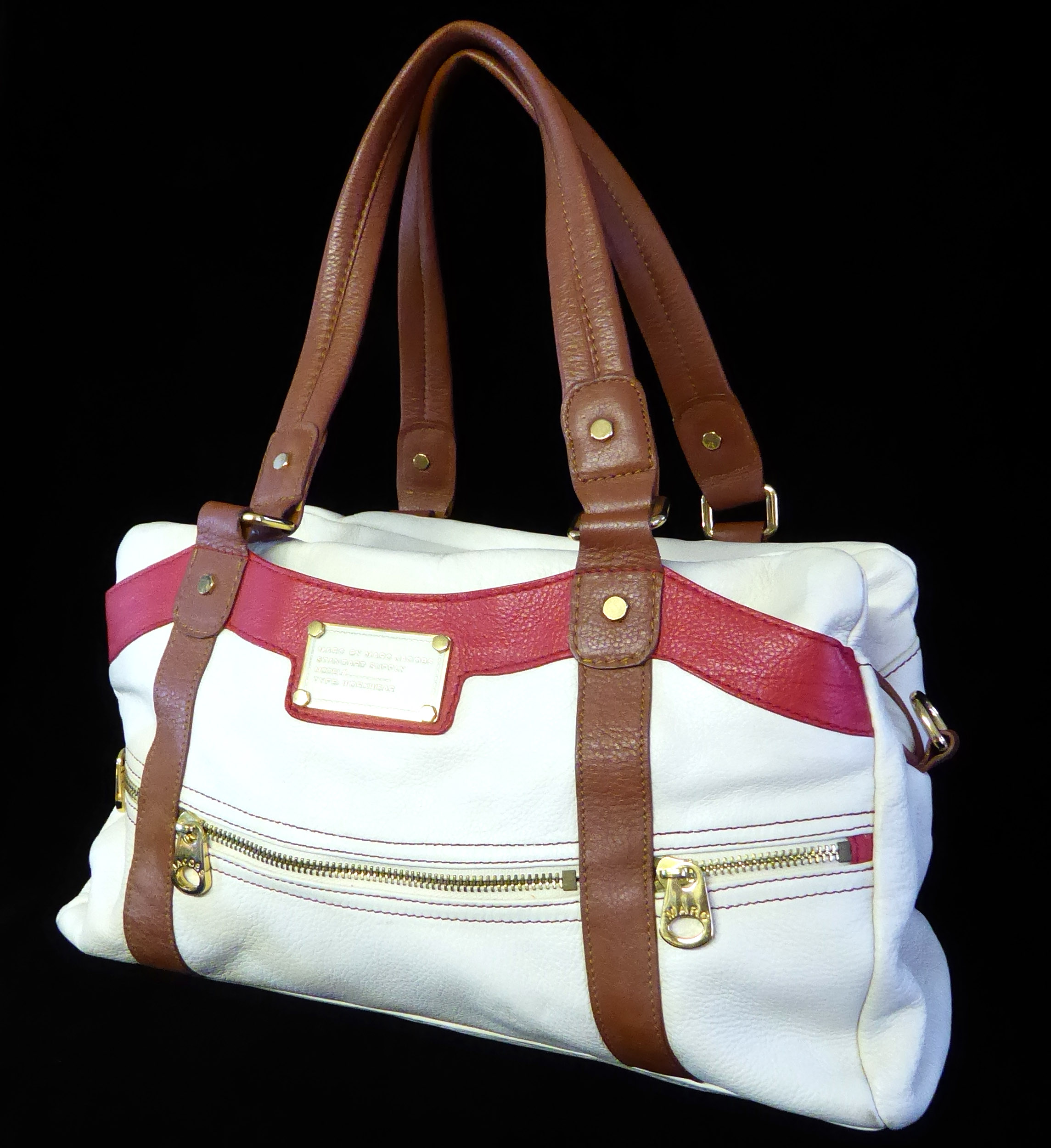 MARC JACOBS, A VINTAGE WHITE LEATHER HANDBAG With brown handles and red band, bearing label 'Marc,