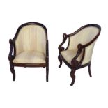 A PAIR OF 19TH CENTURY FRENCH LOUIS PHILIPPE MAHOGANY TUB BACK ARMCHAIRS With scrolling arms in