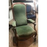 A 19TH CENTURY FRENCH MAHOGANY OPEN ARMCHAIR In green velvet upholstery.