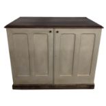 A VICTORIAN FRENCH GREY PAINTED OAK PLAN CUPBOARD The two doors enclosing a fitted interior, on a