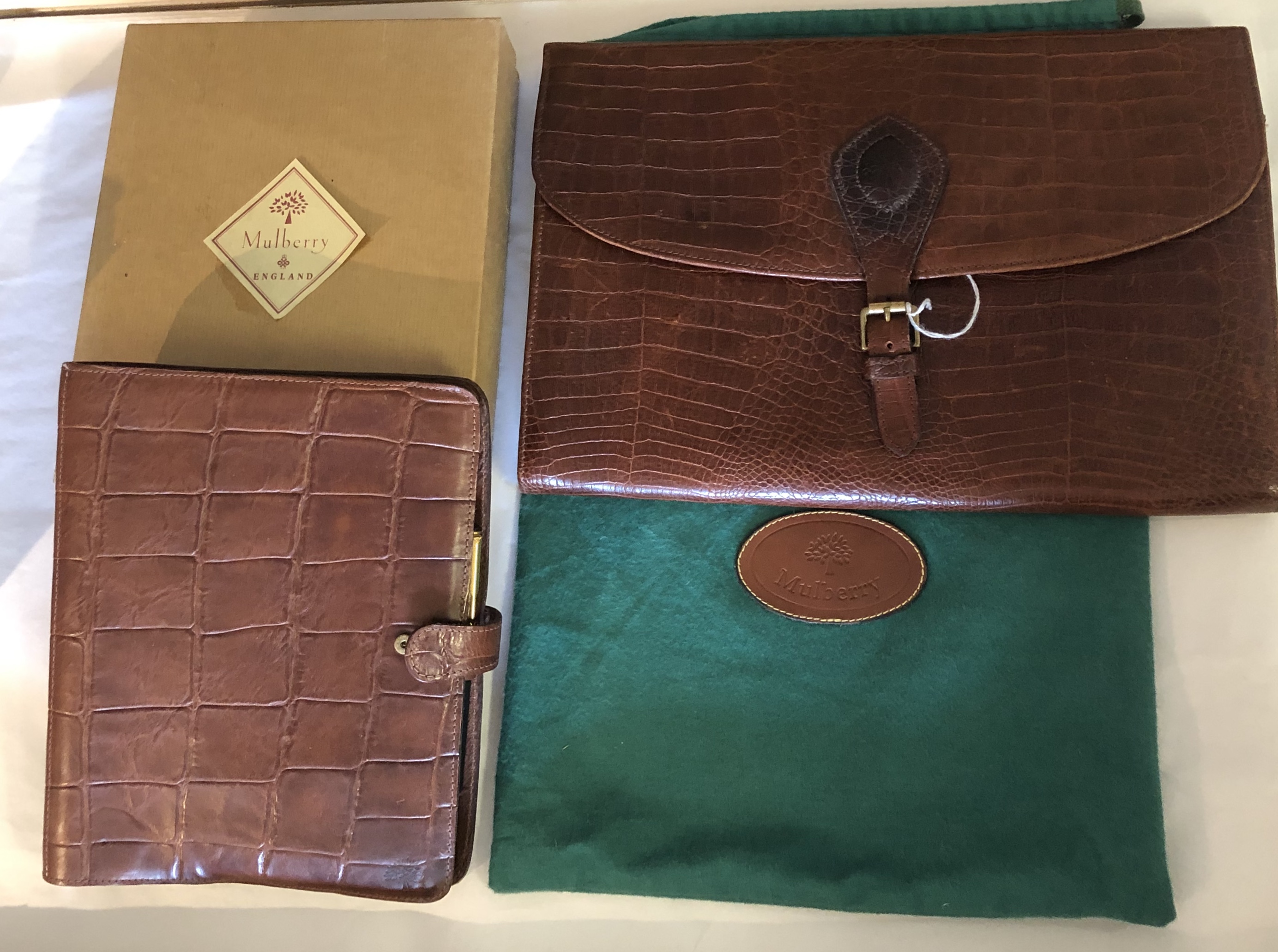 MULBERRY, A FAUX CROCODILE TAN LEATHER TRAVELLING DOCUMENT With matching Filofax. (largest 35cm x