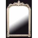 A LOUIS XVI DESIGN CARVED WOOD AND GREY PAINTED WALL MIRROR The arched top decorated with