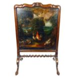 A 18TH CENTURY ENGLISH CARVED WALNUT FRAMED FIRE SCREEN. Inserted with a period oil on canvas in the