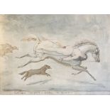 AN EARLY 19TH CENTURY FRENCH WATERCOLOUR Nude female on horseback chased by dogs, in a later frame