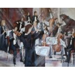 LEE REYNOLDS, AMERICAN, A 20TH CENTURY OIL ON CANVAS Group portrait, titled 'Orchestra', signed