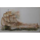 A 20TH CENTURY WATERCOLOUR, NAVAL BATTLE SCENE British galleon fighting a French vessel, framed