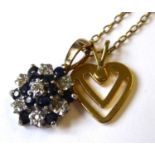 A SAPPHIRE AND DIAMOND DAISY CLUSTER PENDANT On a yellow metal chain. (1.2cm)