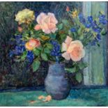 OLGA KOSTRIKOVA, I.R., RUSSIAN, 1921, OIL ON BOARD Still life roses and irises in a blue vase,