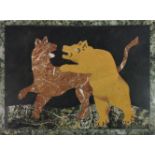 AN ITALIAN MARBLE SPECIMEN PLAQUE Inlaid with a bear attacking a large cat. (28cm x 21m)