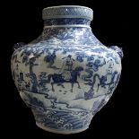 A MASSIVE 20TH CENTURY CHINESE BLUE AND WHITE VASE PAINTED IN THE MING STYLE with horsemen, peasants