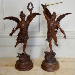 A LARGE PAIR OF 19TH CENTURY FRENCH SPELTER STATUES Classical figures, on wooden bases.