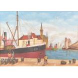 LIBBRECHT A 20TH CENTURY CONTINENTAL SCHOOL OIL ON CANVASHarbour view with fishermen unloading the