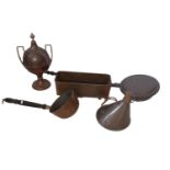 A COLLECTION OF VICTORIAN COPPER WARE Comprising a samovar with brass twin handles and tap,