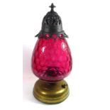 A VICTORIAN CRANBERRY GLASS STORM LANTERN AND SHADE Having a pierced cast iron finial and brass