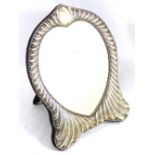 WILLIAM CUMMINGS, LONDON, 1895, A HALLMARKED SILVER HEART FORM STRUT TABLE MIRROR. (23.5cm x 32cm)