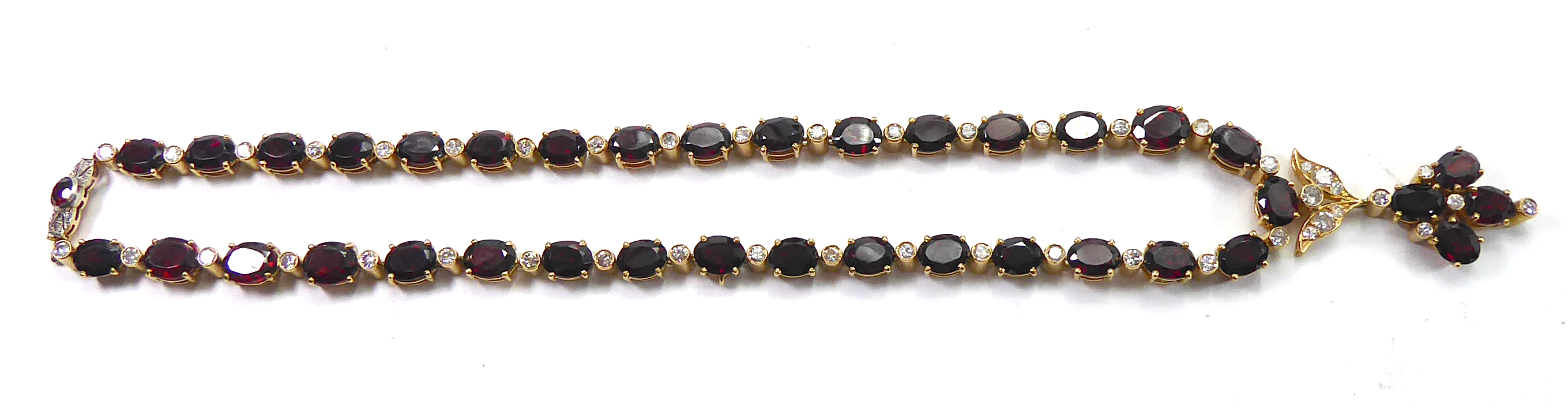 A GARNET AND DIAMOND ENCRUSTED NECKLACE AND MATCHING EARRINGS. (61.6g) - Image 8 of 23