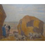 SIR FRANK BRANGWYN BRITISH 1867 - 1956 LITHOGRAPHLandscape haystack with sheep in foreground