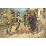 PIG TRADERS, A LATE 19TH CENTURY WATERCOLOUR Indistinctly signed, mahogany and parcel gilt deep