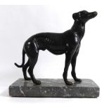 A 20TH CENTURY BRONZE AND MARBLE FIGURAL SCULPTURE OF A GREYHOUND In standing pose on a grey