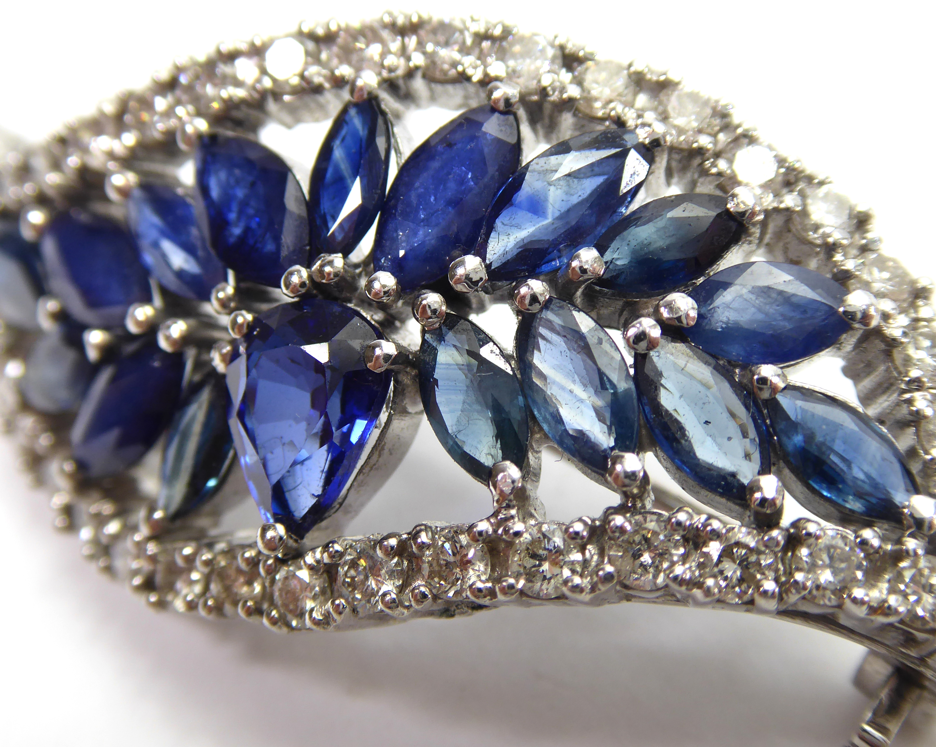 A SAPPHIRE AND DIAMOND LEAF BROOCH Set in white gold. (11.9g) - Image 10 of 11