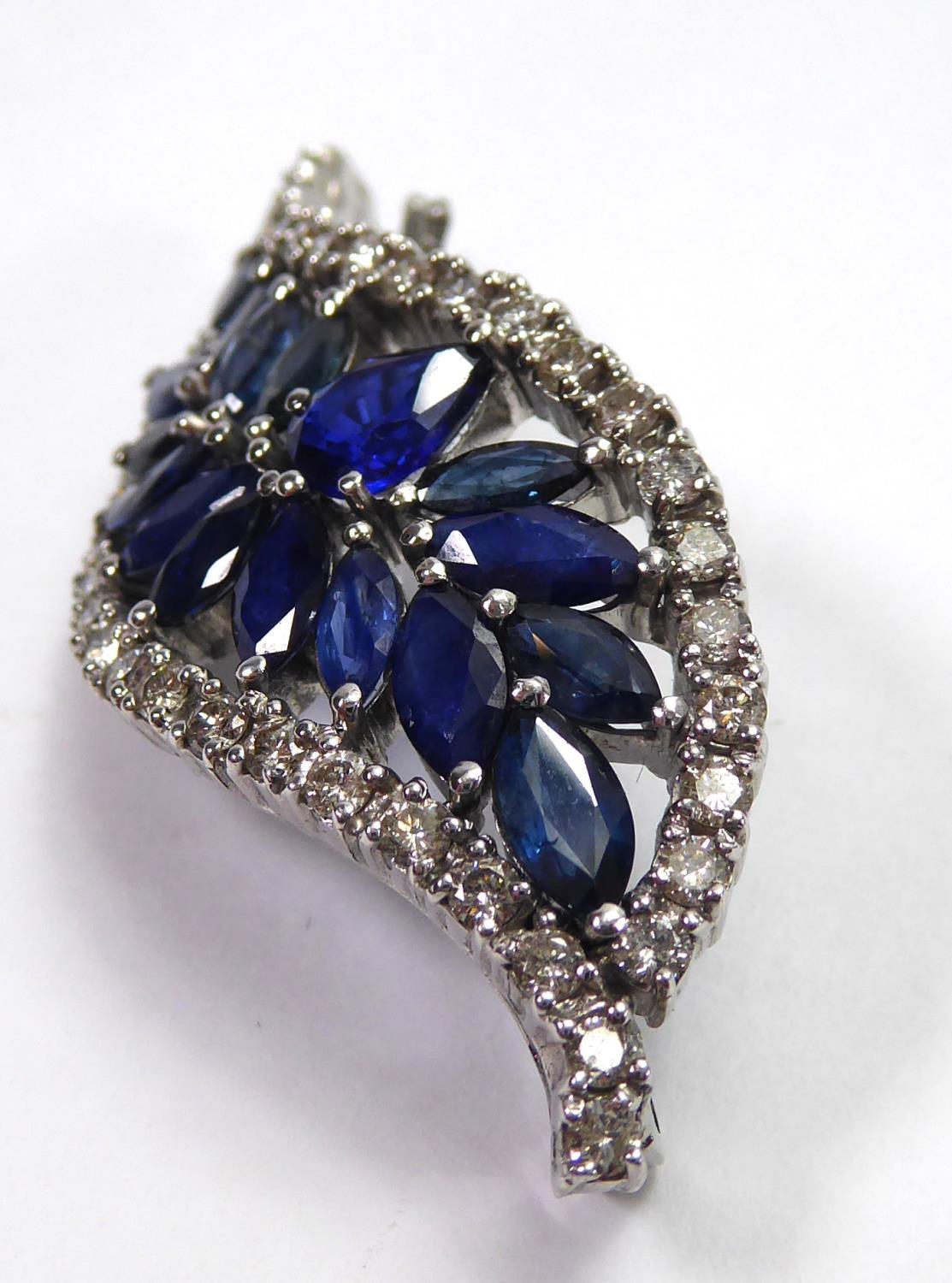 A SAPPHIRE AND DIAMOND LEAF BROOCH Set in white gold. (11.9g) - Image 3 of 11