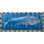 A LARGE AND IMPRESSIVE SCULPTURED BLUE WHALE ART PIECE With bronze and aluminium border. (l 224cm
