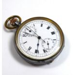 AN EARLY 20TH CENTURY CHRONOGRAPH GUNMETAL GENT’S POCKET WATCH Having a white dial with Roman number