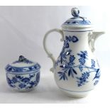 MEISSEN, A 19TH CENTURY PORCELAIN COFFEE POT AND COVERED SUGAR BASIN Having a floral finial and
