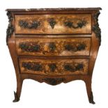 A 19TH CENTURY WALNUT AND KINGWOOD BOMBE FORM COMMODE The rouge marble top above three drawers