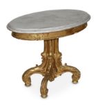 A GOOD 18TH CENTURY CHIPPENDALE DESIGN FINELY CARVED GILTWOOD OVAL CENTRE TABLE With marble top