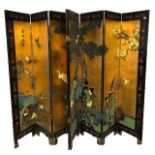 AN EIGHTFOLD DRESSING SCREEN Decorated with a lake scene, birds and flowers. (320cm x 183cm)