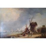 A 19TH CENTURY OIL ON CANVAS, DUTCH COASTAL SCENE Sailing boats and figures beside a windmill,