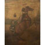 A 19TH CENTURY OIL ON PANEL Boys wrestling with a bareback horse, faux walnut framed. (41cm x 48cm)