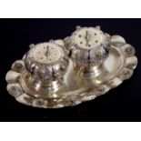 A CONTINENTAL SILVER 925 CRUET ON TRAYOf melon form set with semiprecious stones.(13cm x 5cm)