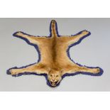 AN EARLY 20TH CENTURY TAXIDERMY PUMA SKIN RUG WITH MOUNTED HEAD. (l 188cm x w 138cm)