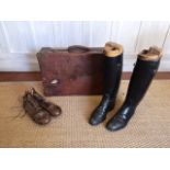 A COLLECTION OF EARLY 20TH CENTURY LEATHER ITEMS A pair of black riding boots (size 8) with wooden