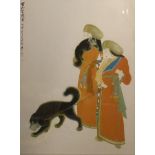 A 20TH CENTURY JAPANESE COLOURED PRINT Two females with black dogs/wolves, bearing a printed